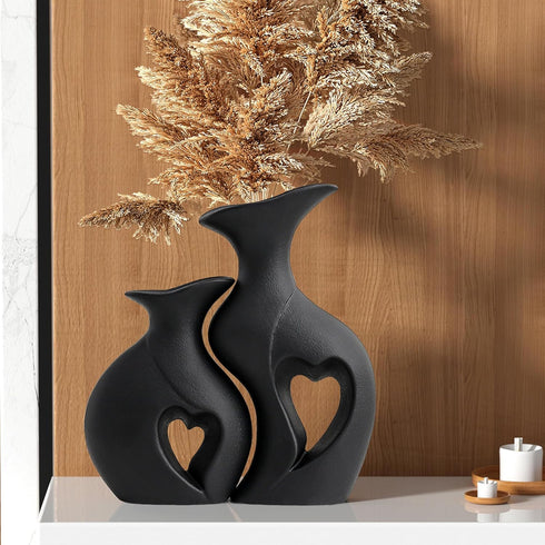 Black Ceramic Vase Set of 2,Filled with Love,Modern Minimalist Bohemian Vases Home