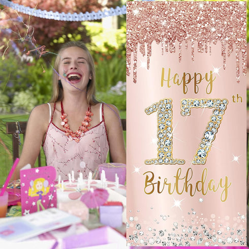 Happy 17th Birthday Door Banner Decorations - Pink Rose Gold 17 Birthday Cover Backdrop Party Supplies