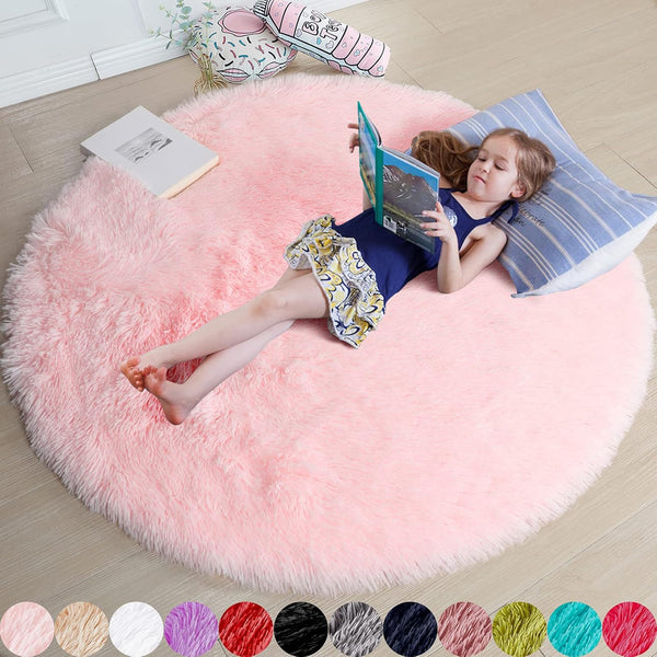 Amdrebio Light Pink Round Circle Rug 4Ft for Girls Bedroom, Fluffy Cute