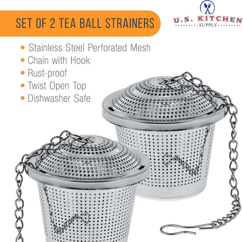 U.S. Kitchen Supply 2 Premium Stainless Steel Tea Ball Strainer Infusers - 2" Size for Steeping Loose Leaf Tea