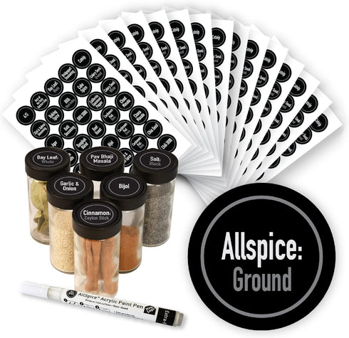 AllSpice Ultimate Spice Label Set - 525 Preprinted Water Resistant Round Labels with Extra Fine White Paint Pen
