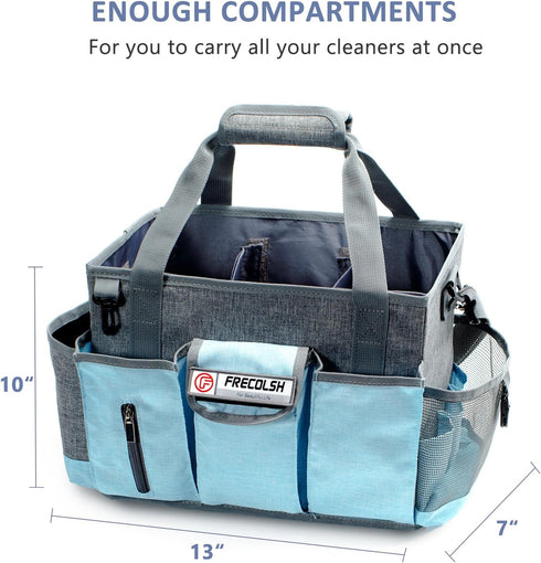 Grey-Blue Cleaning Caddy - Oxford Polyester, Adjustable 5 Compartments, Padded Carry Handle, Waterproof Interior for