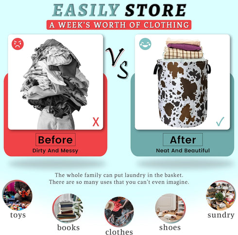 SELIONLIKN 18.9" x16.5" Cows Skin Brown Print Laundry Basket Foldable With Handles Tote Bag Oxford Cloth Animal Funny