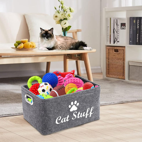 Felt Cat Toy Basket,Foldable Pet Toy Storage Bins with Handles, Pet Stuff Organizer for Indoor Cat,Kitten Toy Storage