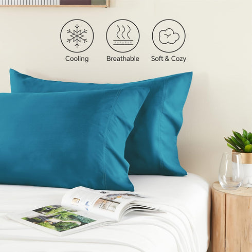 BEDELITE Queen Size Pillow Cases Set of 2, Cooling Rayon Derived from Bamboo, Silky Soft Envelope Pillowcases (Teal,
