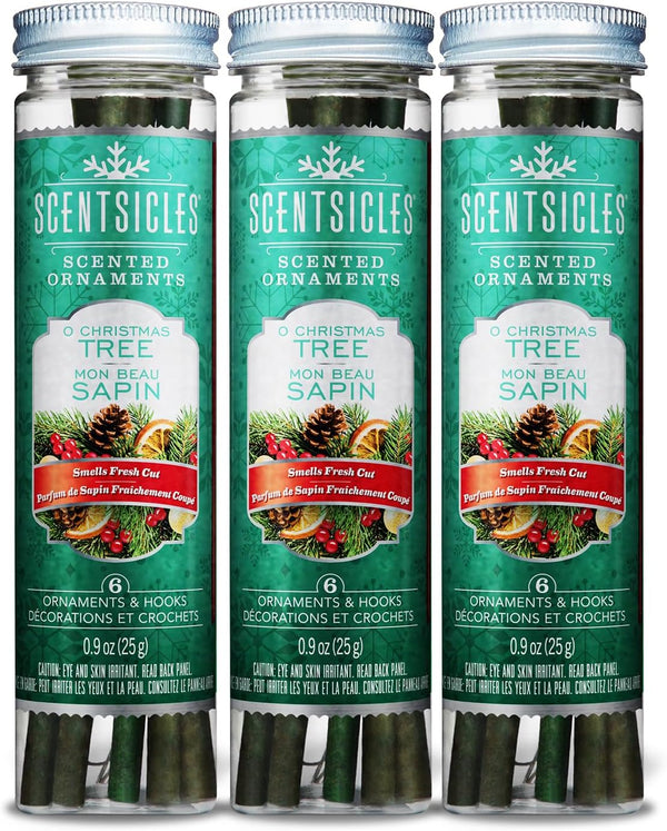 Scentsicles O Christmas Tree Scented Ornaments with Hooks, 3 Bottles (18 Sticks Total)