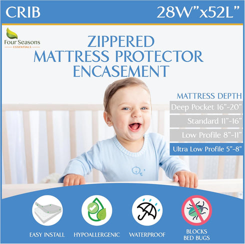 Crib Mattress Protector Waterproof - Zippered Encasement Cover for Baby, Toddler (Crib