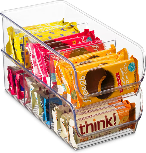 Set of 4 Food Storage Organizer Bins - Divided 3 Compartment Kitchen Pantry Organizers for Food Packets, Clear