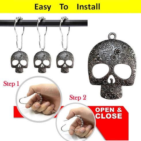 Set of 12 Decorative Sugar Skull Shower Curtain Hooks - Stainless Steel Rustproof Skeletons Bathroom Rings (Black)