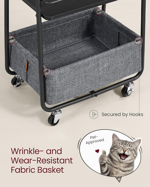 3-Tier ULRC001BE02 VASAGLE LILEA Collection - Storage Cart with Fabric Basket, Rolling Utility Cart with Wheels