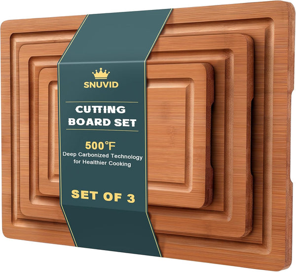 Snuvid Bamboo Cutting Board Set of 3, Wood Cutting Boards for Kitchen with