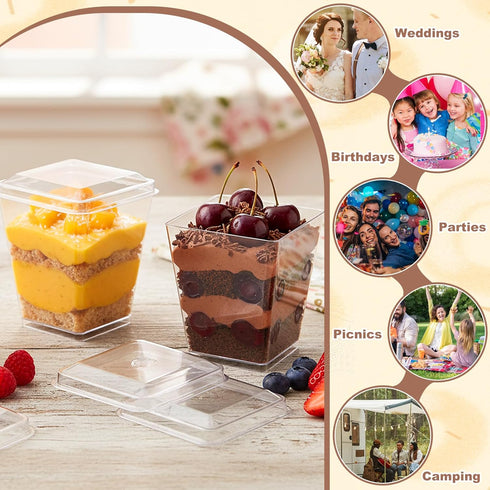 200 5 oz Pcs Clear Plastic Dessert Cups with Lids & Spoons, Reusable Parfait & Appetizer Cups, Mini Dessert Shooters