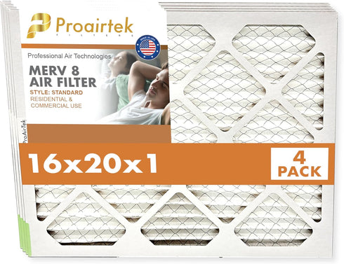 Proairtek AF16201M08SWH Model 16x20x1 Pack of 4 Air Filters, MERV 8 for Clean, Crisp Air in Your Home