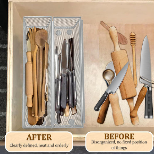 Fodofodo 4PCS (12 3 2 Inches,Grey) Drawer Organizer for Kitchen,Utensil Mesh Drawer Organizer with Interlocking Arm