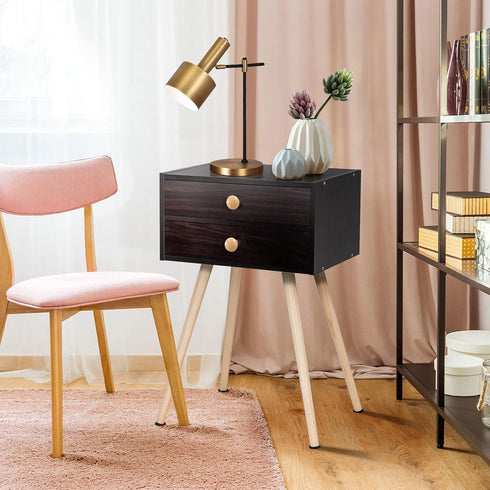 2-Drawer 4 Giantex Mid Century Modern Nightstand, Bedside Tables with Solid Wood Legs, Night Stand for Small Spaces