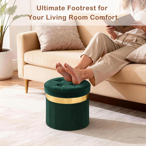 Room13x13x12.4(Green,1pcs) xuperbonus Small Ottoman with Storage,Folding Round Ottoman with Gold Trim,Velvet Storage