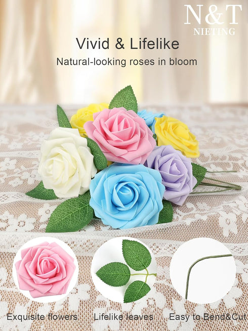 N&T NIETING 25Pcs Artificial Flowers Roses, Fake Flowers for DIY Wedding Bouquets, Centerpieces, Home Decorations