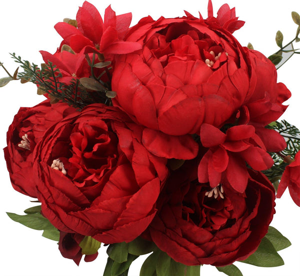 Duovlo Artificial Silk Peony Bouquets (Spring Red, Wedding Home Decoration, Pack of 1)