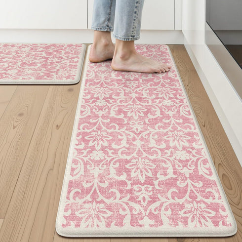 LEEVAN Pink Kitchen Mat Sets of 2, Vintage Distressed Anti Fatigue Memory