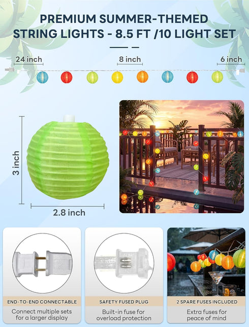 8.5FT 10 Multicolor Lantern String Lights Outdoor, Plug-in Patio String Lights with Mini Hanging Lanterns, Waterproof