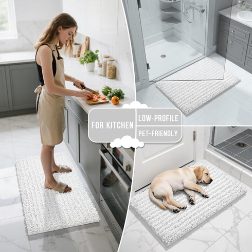 Yimobra Long Bathroom Rugs Non Slip Washable 44x24 Inch - Ultra Soft Absorbent Chenille Bath Mat for Tub Shower, White