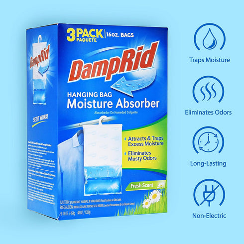 DampRid Hanging Bag Moisture Absorber, Pack of 3 (16 oz. each), Blue