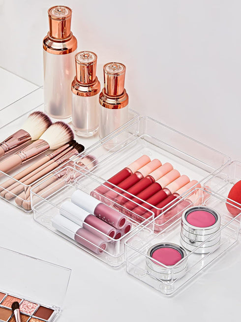 SMARTAKE 16-Piece Drawer Organizer with Non-Slip Silicone Pads, 5-Size Storage Tray for Makeup, Clear
