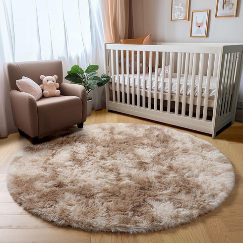 5Ft Amdrebio Tie-Dyed Beige Tan Round Circle Area Rug for Bedroom, Fluffy Plush Shag Furry Rugs for Kids Room, Living