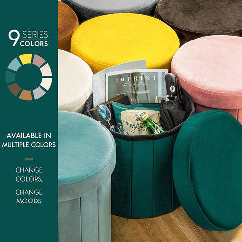 Round15 Inch, 220lbs Phantoscope Storage Ottoman Velvet Folding Storage Boxes Footrest Foot Ottoman Toy Box, Padded