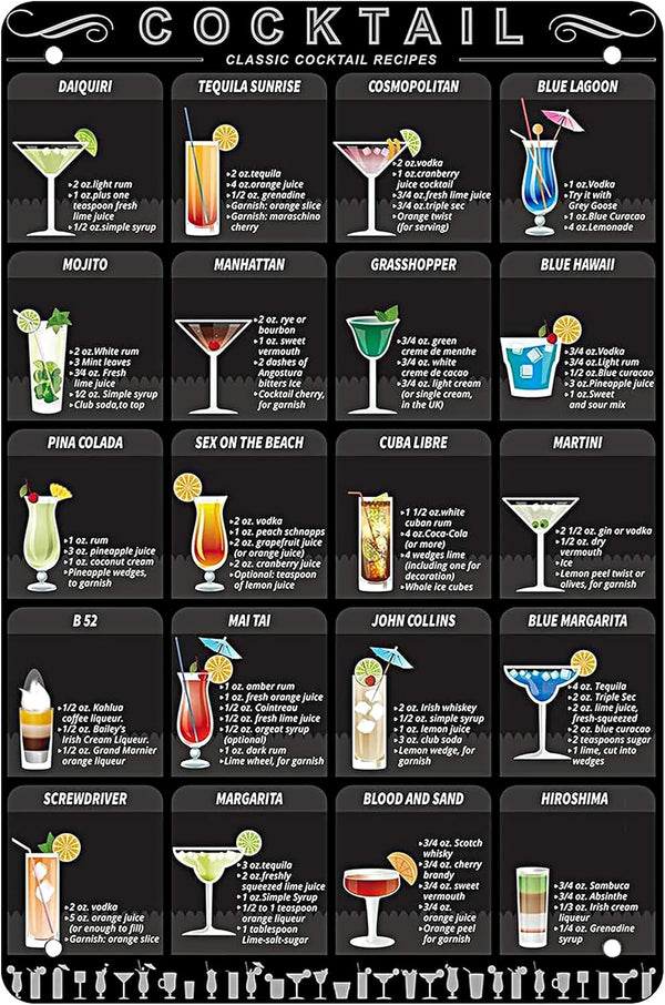 WANLIAN Cocktail Menu Retro Vintage Bar Metal Tin Sign Poster Wall Art