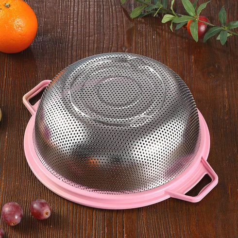 Large Stainless Steel Colander with Handle and Legs, Pink Strainer for Pasta, Veggies, Fruits, 5-quart Kitchen Mesh