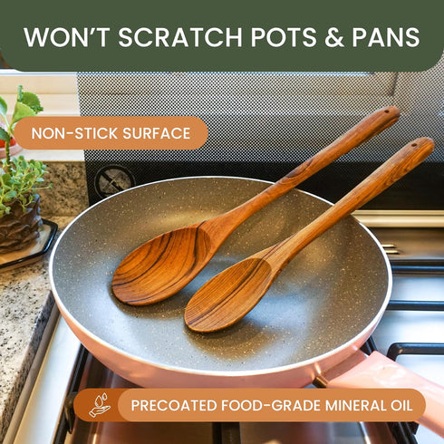 Wooden Cooking Spoons Set of 2 (12" & 15") | Teak Wood, Non-Stick & Non-Scratch Kitchen Cookware
