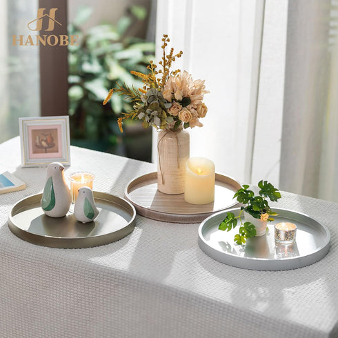 12" Hanobe Decorative Trays for Coffee Table: Round Sliver Tray for Home Decor - Modern Circle Ottoman Trays for Living