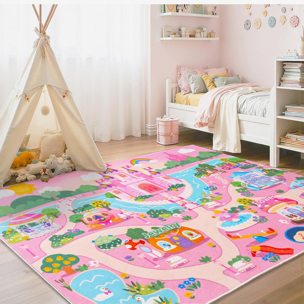 Pink Kids Rug for Playroom, Castle Design Bedroom Carpet, Ultra Soft Short