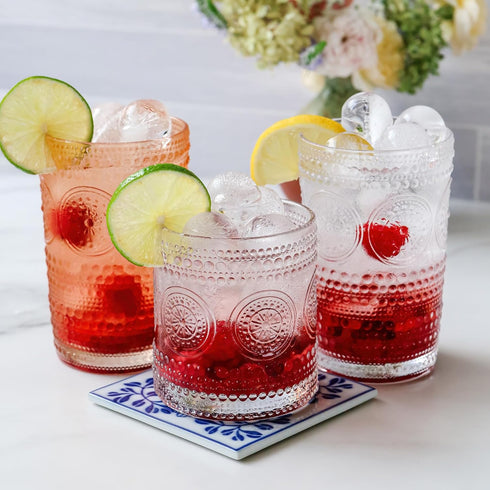 Set 6, (10 oz) Set Set, Hobnail Beaded Floral Clear Drinking Glasses of Vintage Glassware by Kate Aspen| Cocktail Glass