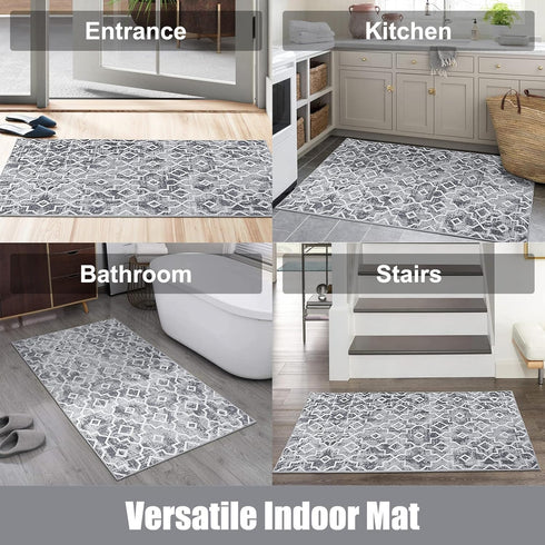 3'x5' (Grey,3'x5') Wonnitar Moroccan Indoor Door Mat - Indoor Mat for Front Door Entry, Washable Non-Slip Grey