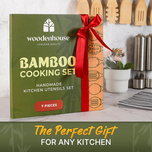 7 PCs Bamboo Wooden Spoons for Cooking, Wooden Utensil Set for Nonstick Cookware, Easy to Clean, Sturdy, Lightweight