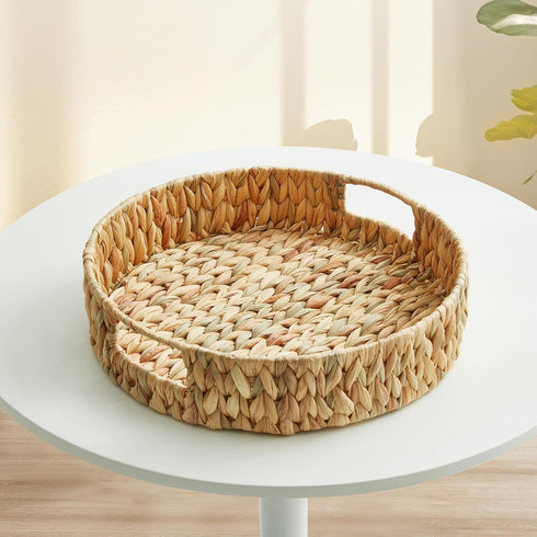 13 inch 1Pack Round Wicker Tray, Hand-Woven Rattan Serving Trays with Handles for Snack Drinks Coffee Table Tray, Water