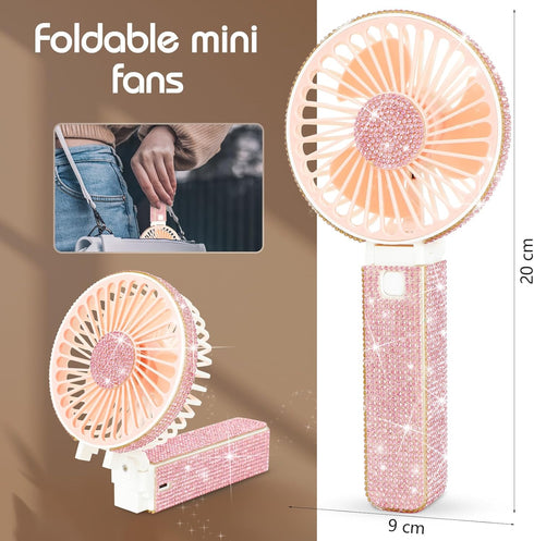 Mudder Crystal Bling Rhinestone Mini Handheld Fan, Portable USB Rechargeable, Battery Operated Small Folding Fan for