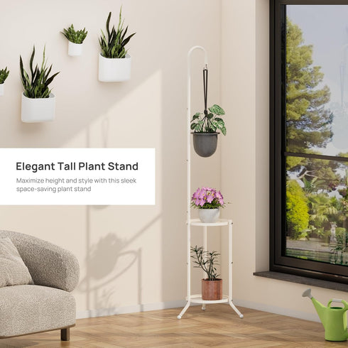 2-Tier 41" Hanging Plant Stand, Heavy Duty Metal Planter Rack - Space Saving Indoor/Outdoor Shelves with Hanging Space