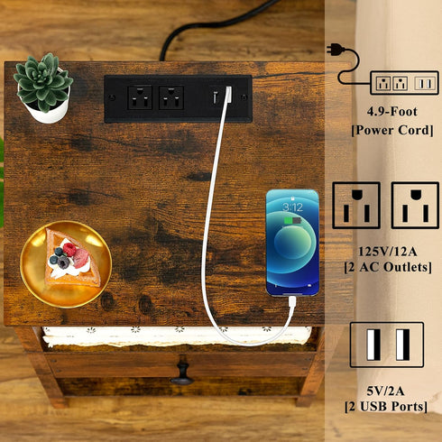 Lerliuo Nightstand with Charging Station and USB Ports, 3-Tier Storage End Table with Drawer, Retro Brown Wood Bedside