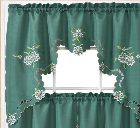 GOHD Cutwork Floral Kitchen Curtain Set, Swag Valance and Tier Set with Nice Embroidery on Faux Silk Fabric