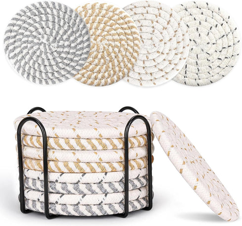 Farmhouse Coasters Set of 8 for Drinks, Absorbent Woven Coaster Set with