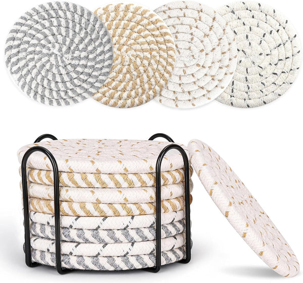 Farmhouse Coasters Set of 8 for Drinks, Absorbent Woven Coaster Set with