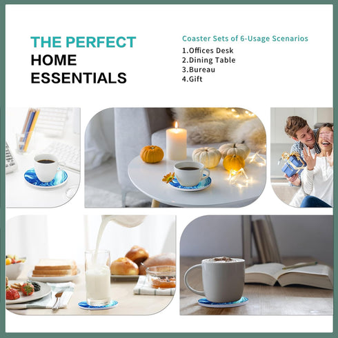 6 Sets set Cups(4 Inches) Ceramic Marble Coasters, of Round Tea Coasters with Holder on Dark Blue White, Durable Cup