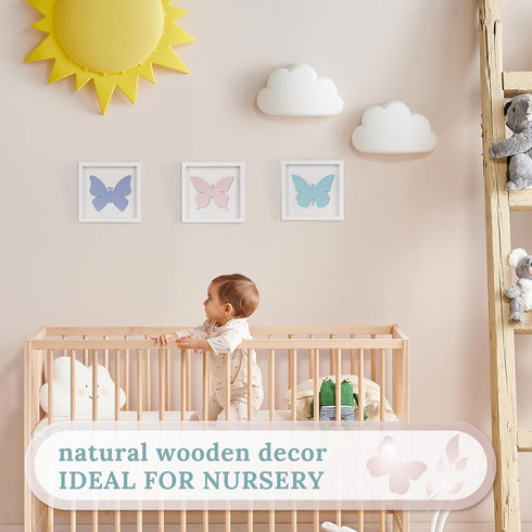 3D Set 3 (7x7) Tide and Tales Butterfly Room Decor for Girls, of Framed Wooden Wall Art for Nursery, Nature-Inspired