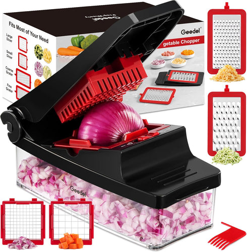 Geedel Vegetable Chopper Pro, 4 in 1 Kitchen Slicer Dicer Cutter Grater with Container for Onion, Potato, Carrot (Red)