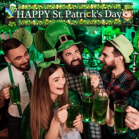 Large Happy St. Patrick's Day Banner, Shamrock Clover Decor, Lucky St. Patty's Day Door Hanging Decorations for Indoor