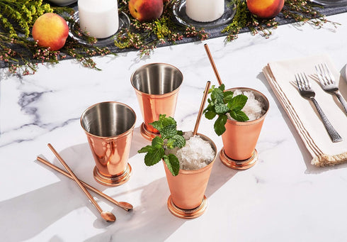 Sol Living Mint Julep Cups Set of 4, 12 oz Stainless Steel Lining Copper Cups for Cocktails and Mixed Drinks Barware Set
