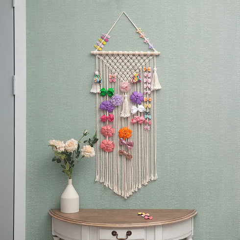 Mkono Macrame Hair Bow Holder, Hanging Clips Hanger Organizer for Baby Girls Room, Ivory (Clips Not Included)